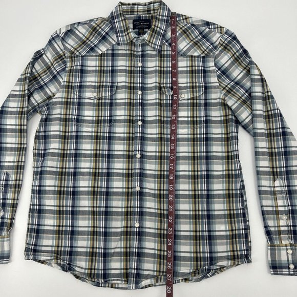 Mens Lucky Brand Saturday Stretch Long Sleeve Pearl Snap Shirt Blue Plaid L - Picture 6 of 9